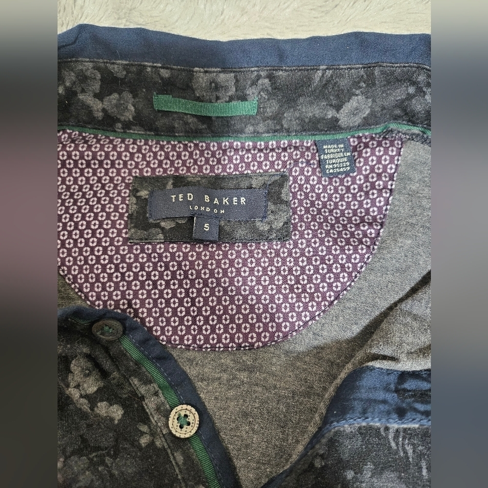 Ted Baker Mens Polo Shirt Black Gray Floral 5 Large - Picture 7 of 9